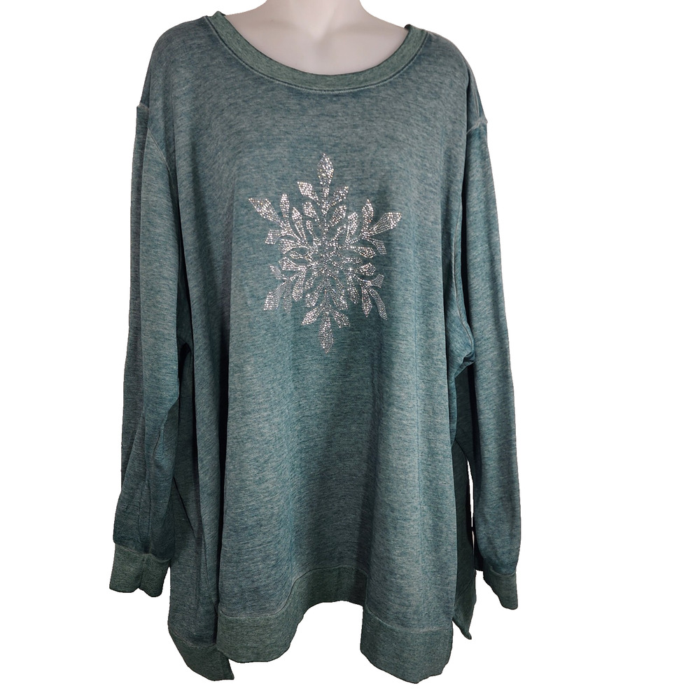 Lane Bryant Long Sleeve Sweatshirt Top Sz 26 28 Green Christmas Snowflake Bling